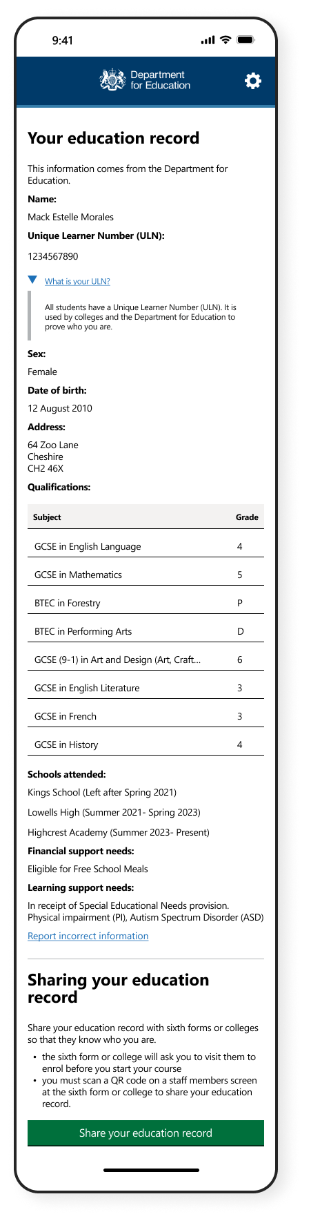 A screenshot showing an example education record